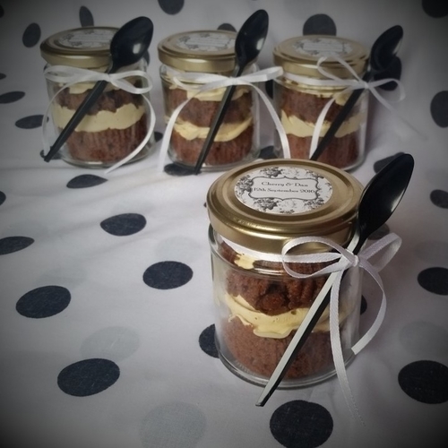 Personalised wedding favour cupcake filled jam har with spoon. Fancy style