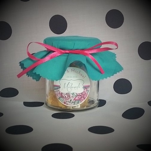 Personalised jam jar wedding favour, tablet filling, Frilly style with pink ribbon